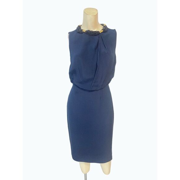 Magaschoni Collection Navy Beaded Neck Designer Dress XS 0 2 - Picture 1 of 6